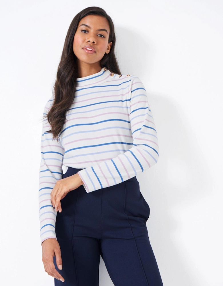 Relaxed Stripey Button Neck Top - Multi