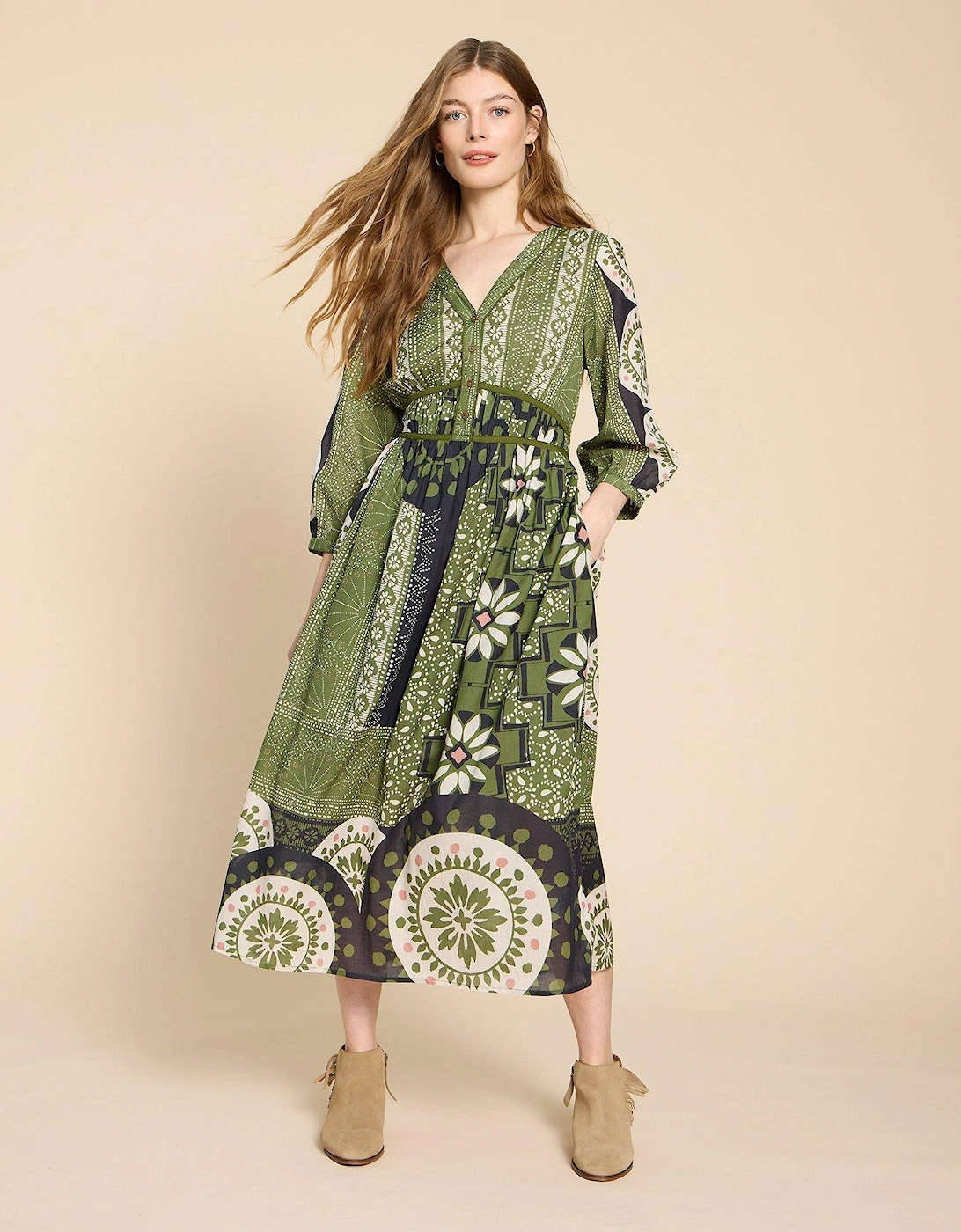 Cotton-blend Mosaic Print Blouson Sleeve Midi Dress, 2 of 1