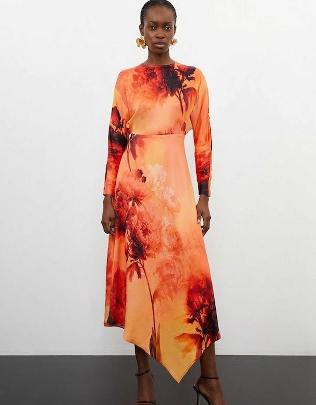 Floral Satin Crepe Woven Midi Dress