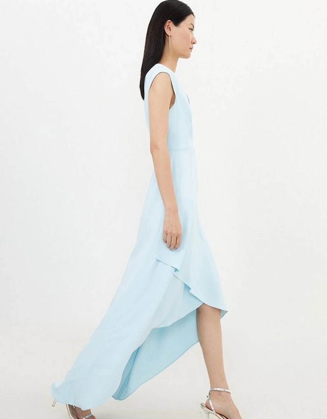 Compact Stretch Viscose Drape Cap Sleeve Tailored Maxi Dress