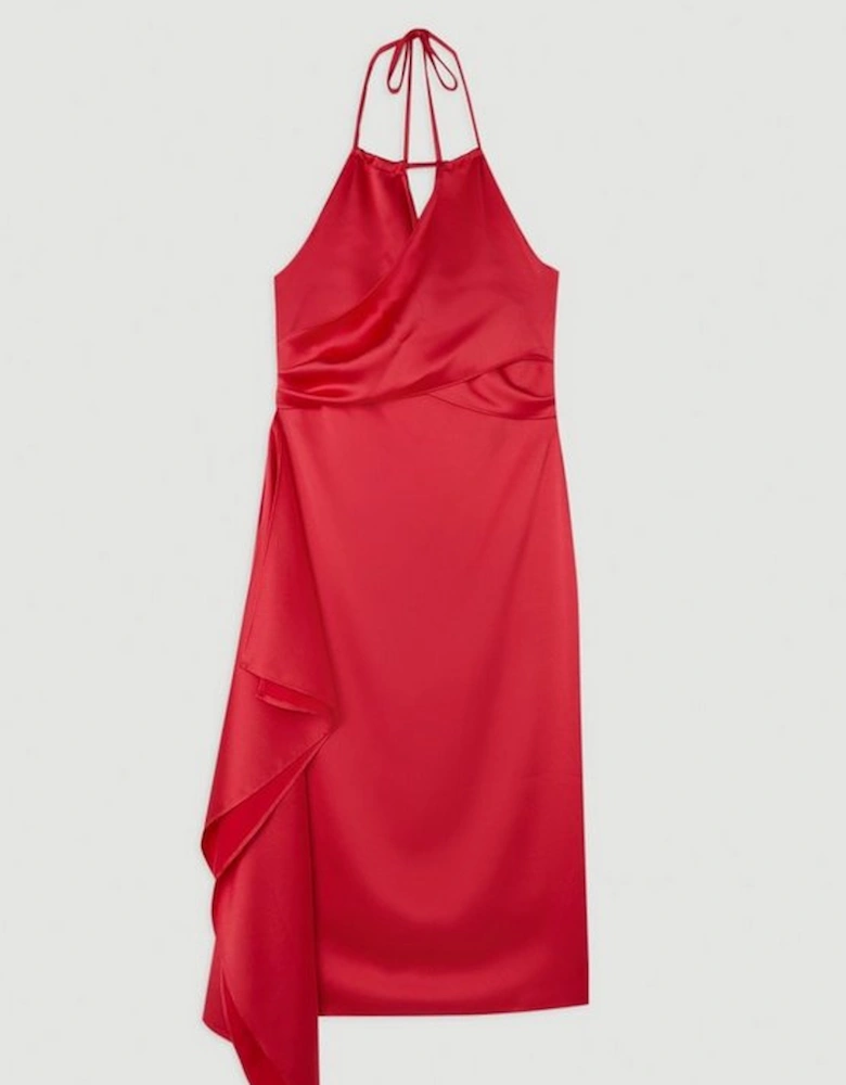 Satin Back Crepe Draped Wrap Halter Tie Neck Midi Dress