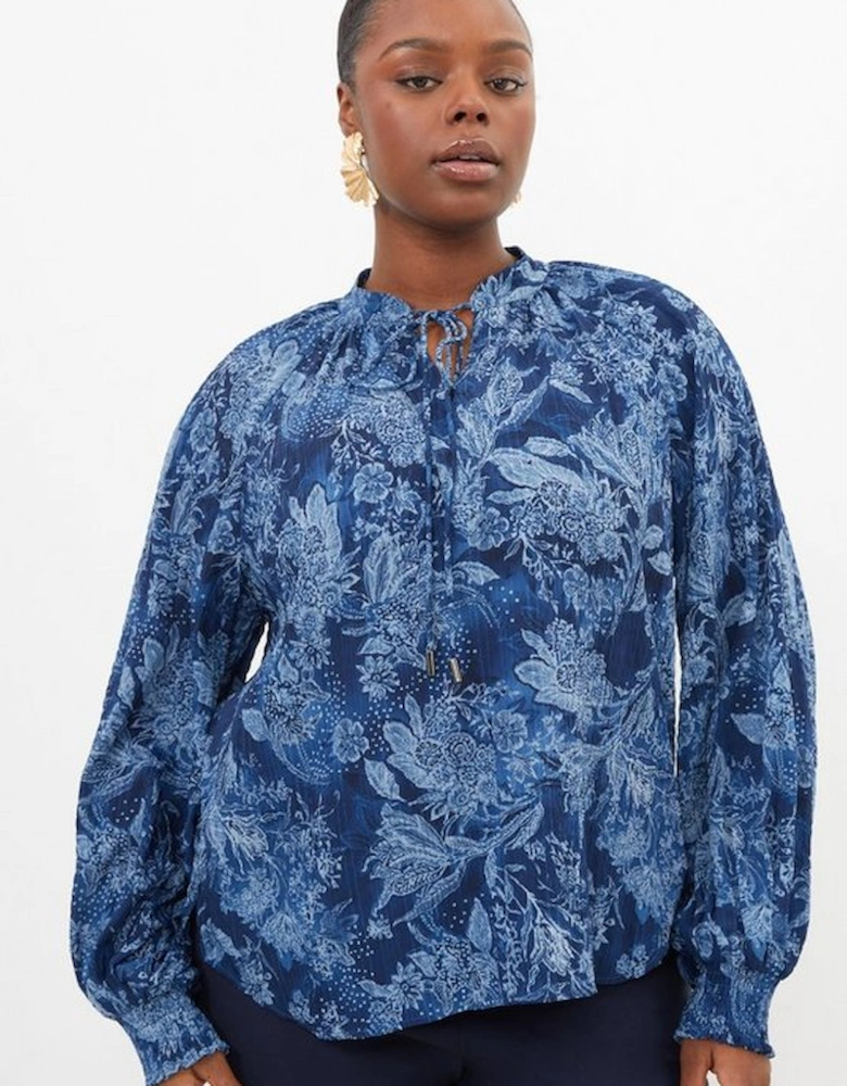 Plus Size Top Stitch Floral Crinkle Cotton Woven Blouse