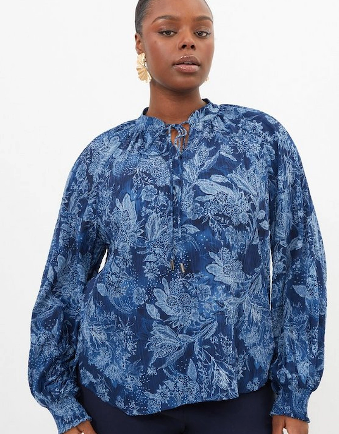 Plus Size Top Stitch Floral Crinkle Cotton Woven Blouse, 4 of 3