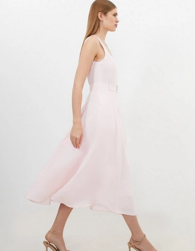 Premium Tailored Linen Square Neck Belted Midi Dress