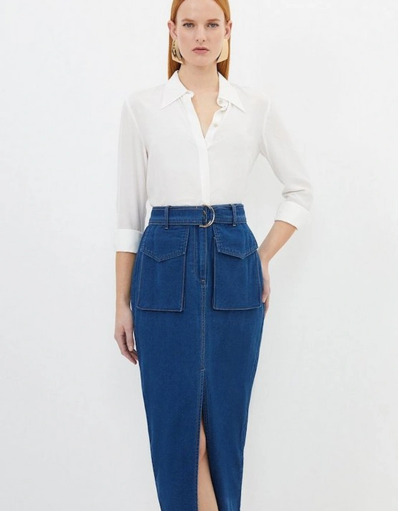 Stretch Woven Denim Midi Skirt