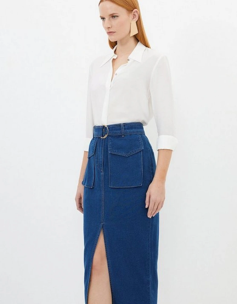 Stretch Woven Denim Midi Skirt