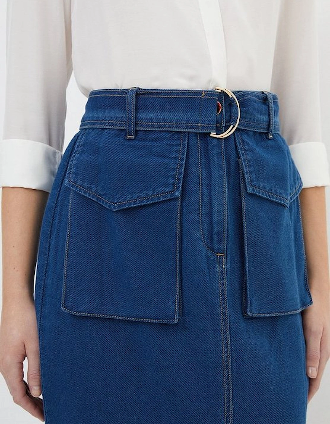 Stretch Woven Denim Midi Skirt