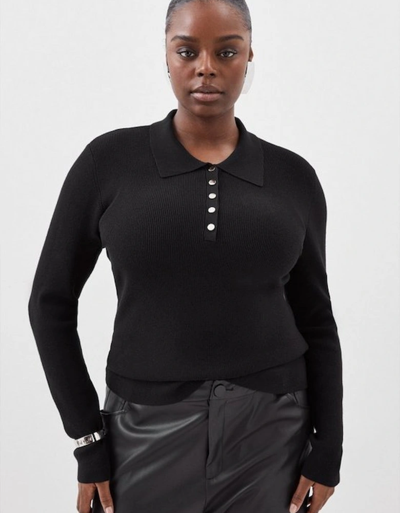 Plus Size Viscose Blend Popper Detail Collared Knit Jumper