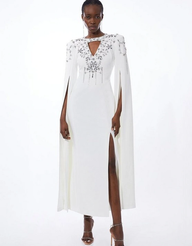 Crystal Embellished Cady Woven Cape Maxi Dress