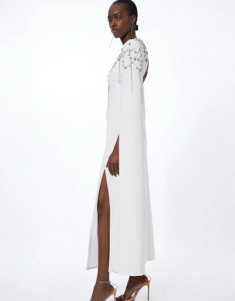 Crystal Embellished Cady Woven Cape Maxi Dress