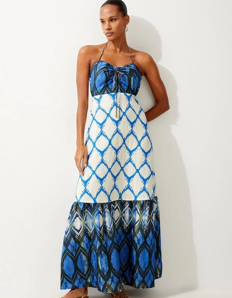 Petite Tile Printed Viscose Linen Woven Maxi Beach Dress