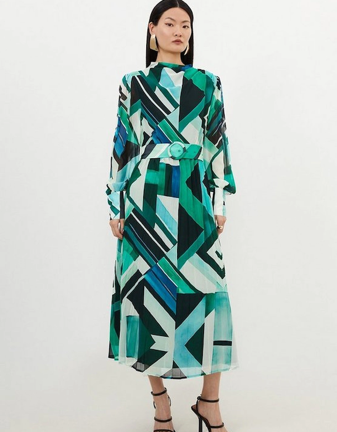 Petite Geo Print Georgette Woven Long Sleeve Maxi Dress