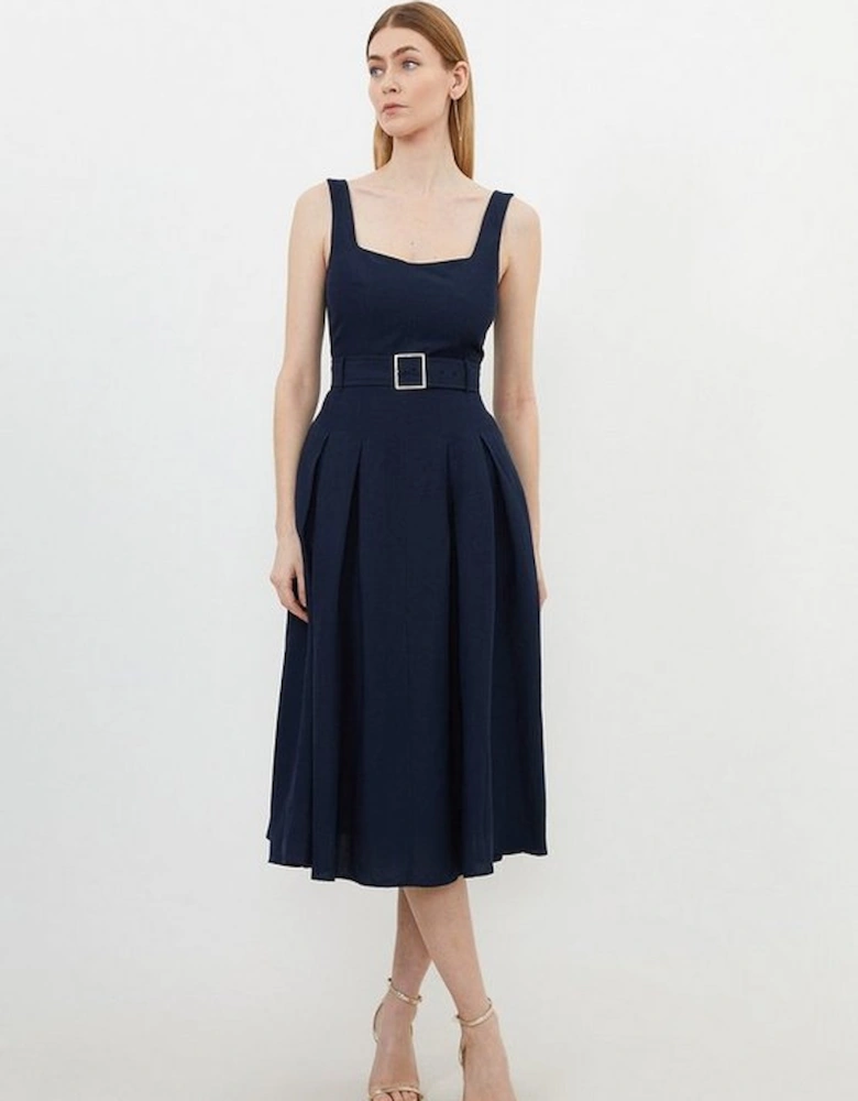 Tall Premium Tailored Linen Square Neck Belted Midi Dress