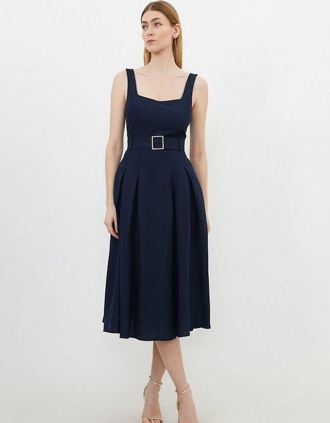 Tall Premium Tailored Linen Square Neck Belted Midi Dress, 5 of 4