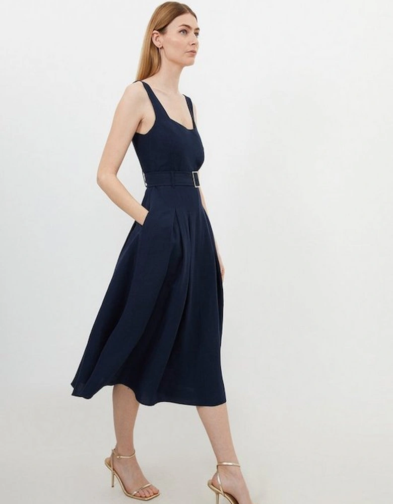 Tall Premium Tailored Linen Square Neck Belted Midi Dress