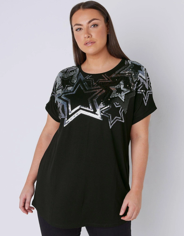 Curve Grown On Sleeve Sequin Star Top - Black Grey Silver