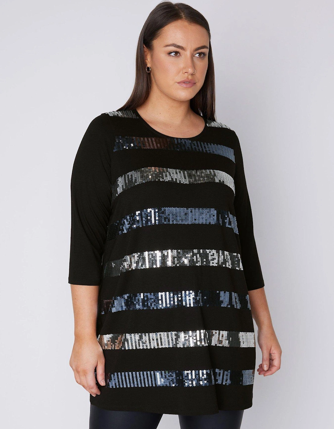 Curve Three Quarter Sleeve Sequin Stripe Top - Black, 2 of 1