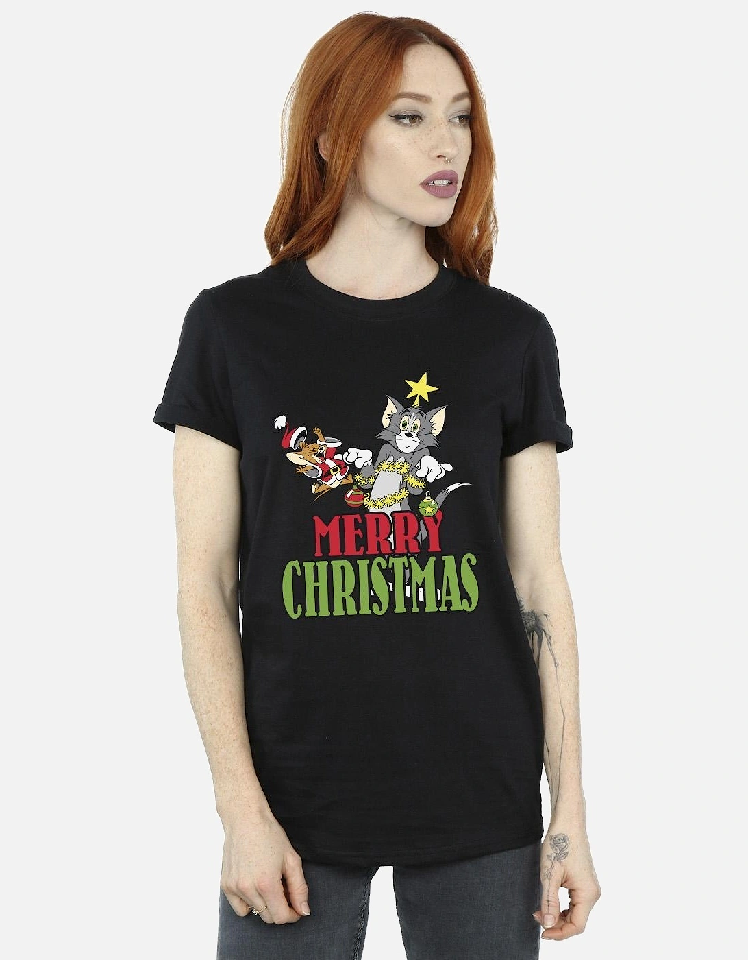 Tom And Jerry Womens/Ladies Merry Christmas Baubles Cotton Boyfriend T-Shirt, 3 of 2