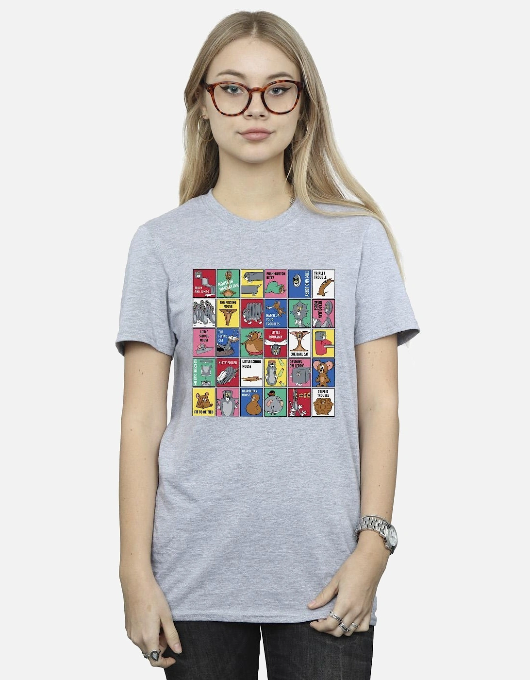 Tom And Jerry Womens/Ladies Grid Squares Cotton Boyfriend T-Shirt