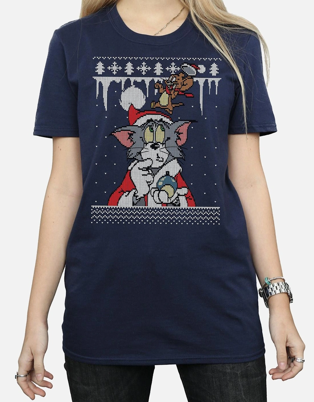 Tom And Jerry Womens/Ladies Christmas Fair Isle Cotton Boyfriend T-Shirt