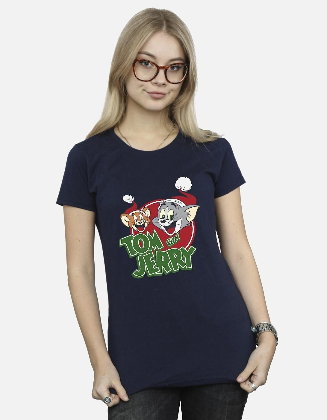 Tom And Jerry Womens/Ladies Christmas Hat Logo Cotton T-Shirt