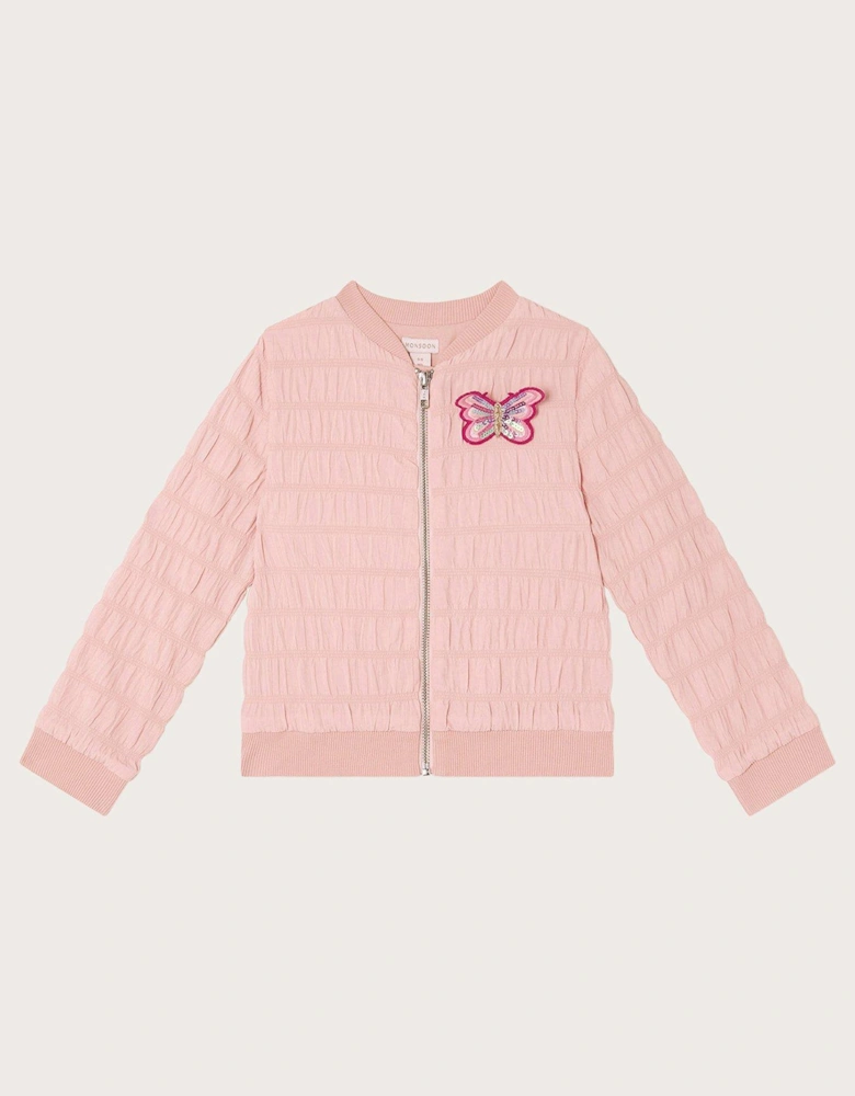 Girls Seersucker Badge Bomber Jacket - Pale Pink