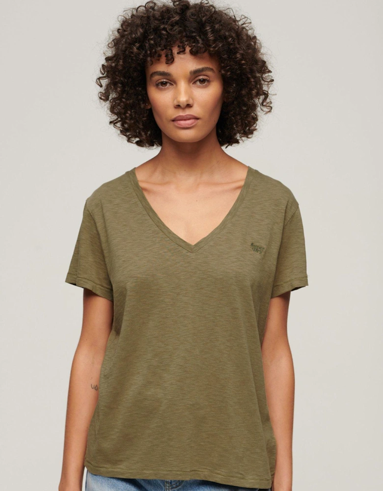Slub Embroidered V-Neck T-Shirt - Green