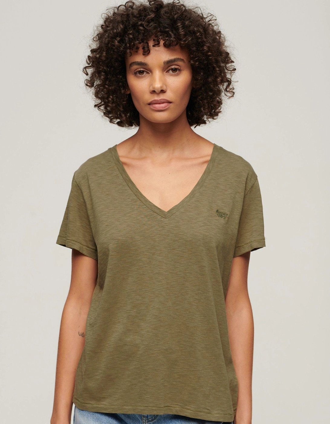 Slub Embroidered V-Neck T-Shirt - Green, 2 of 1