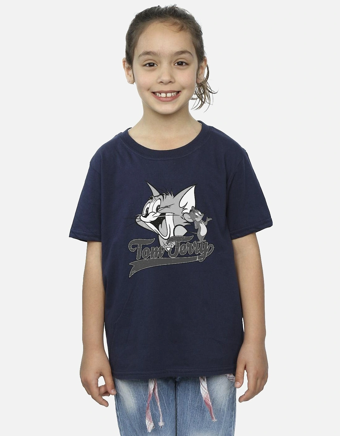 Tom And Jerry Girls Greyscale Square Cotton T-Shirt