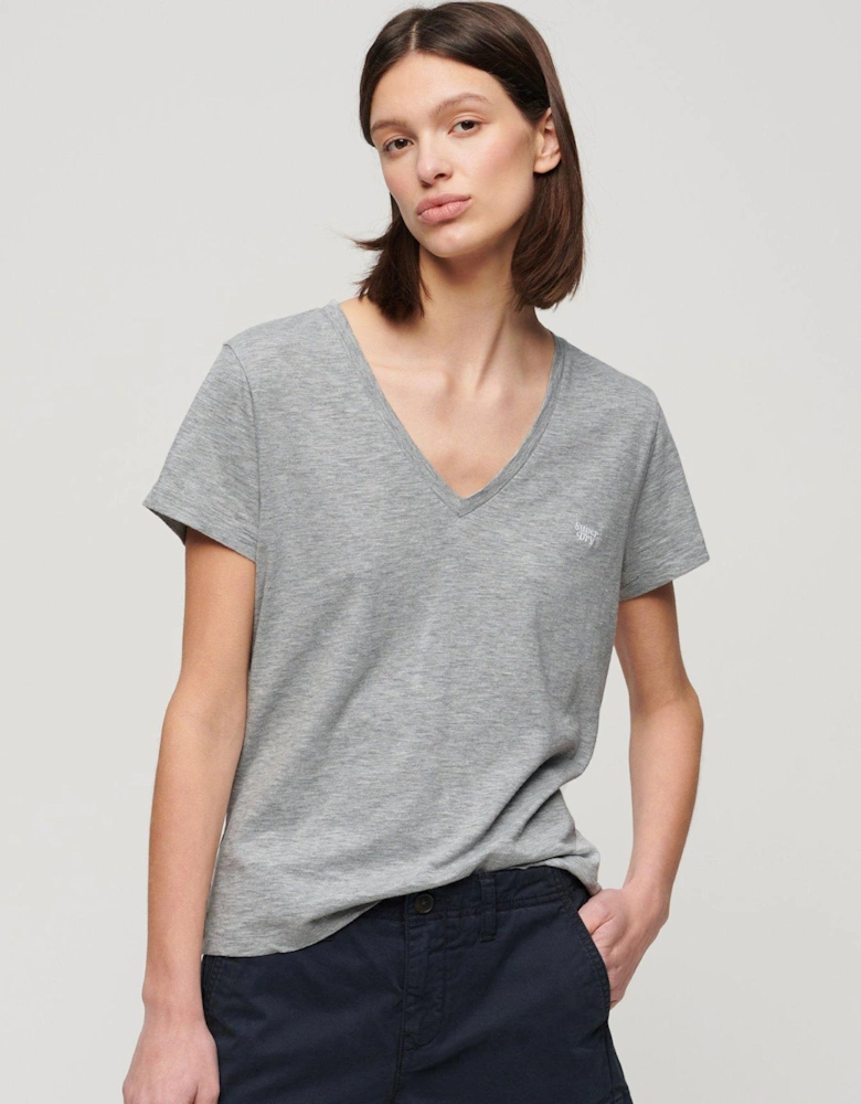 Slub Embroidered V-Neck T-Shirt - Grey