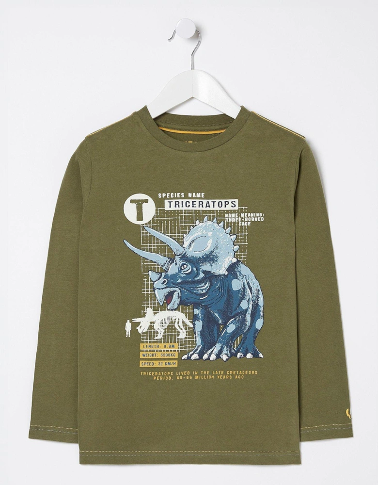 Boys Triceratops Graphic Long Sleeve T Shirt - Khaki Green