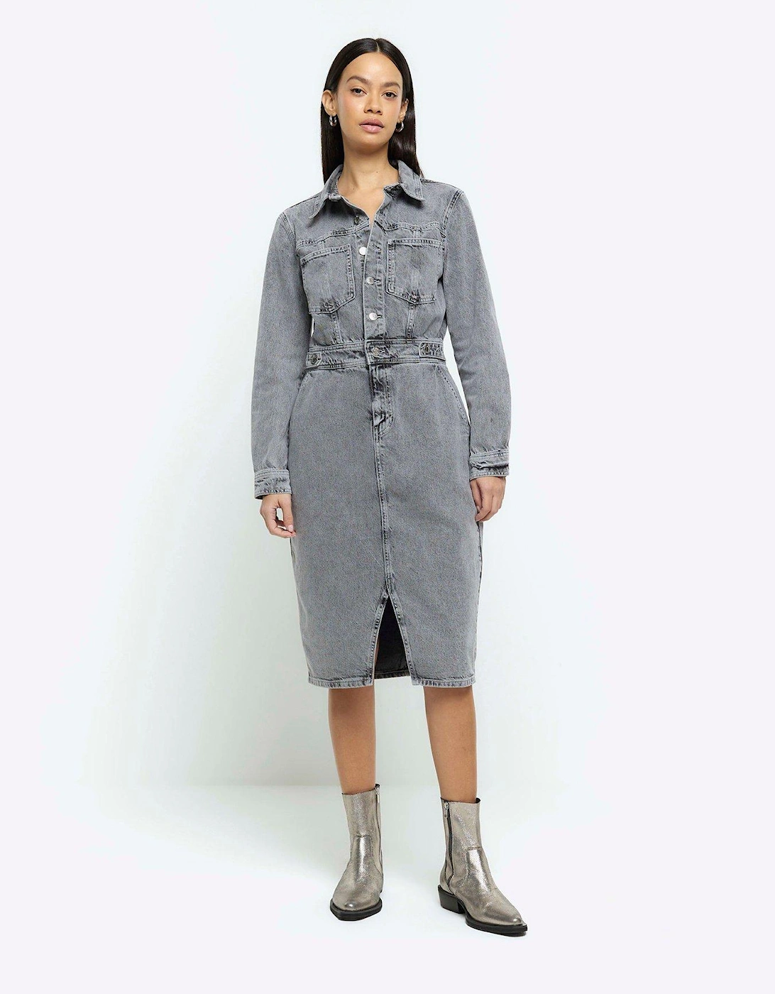 Button Front Denim Dress - Grey, 3 of 2