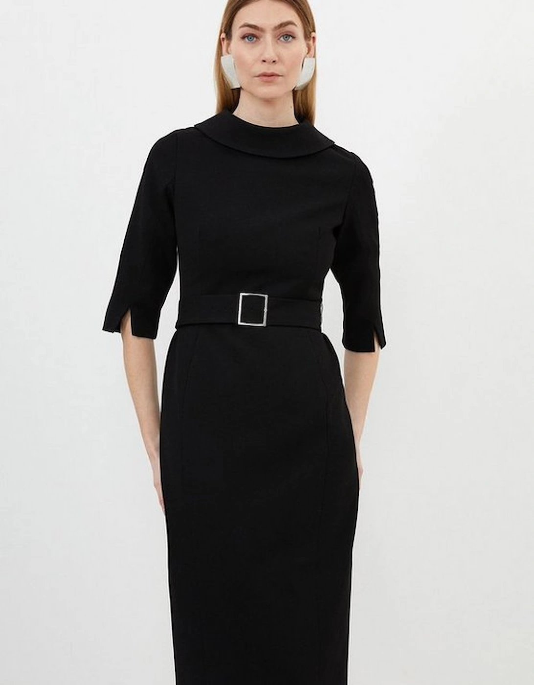 Structured Crepe Tailored Roll Neck Pencil Midi Dress, 5 of 4