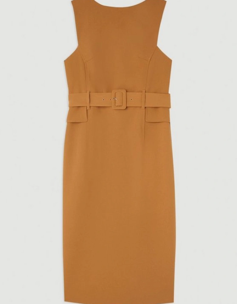 Compact Stretch Belted Tailored Midi Pencil Dress