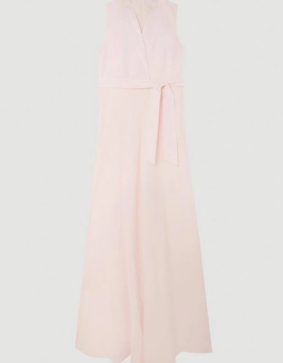 Premium Tailored Linen Notch Neck Belted Midaxi Dress