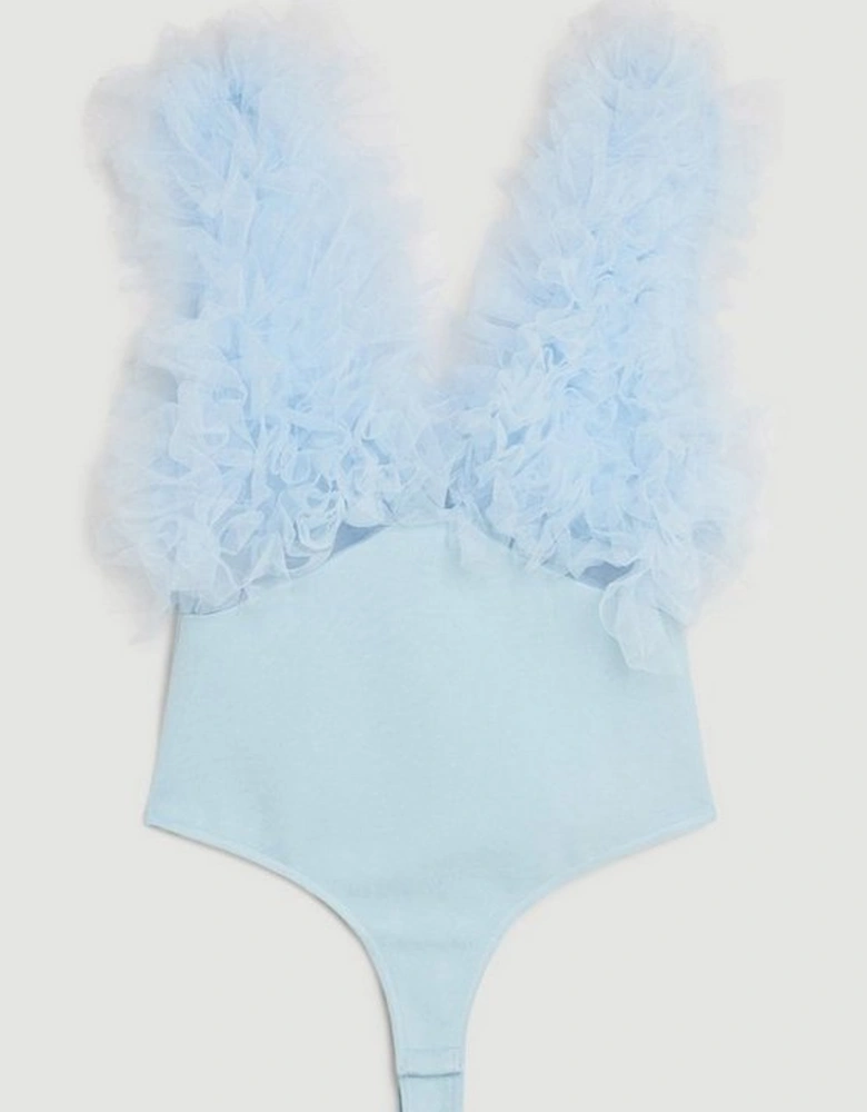 Plunge Tulle And Ponte Jersey Bodysuit