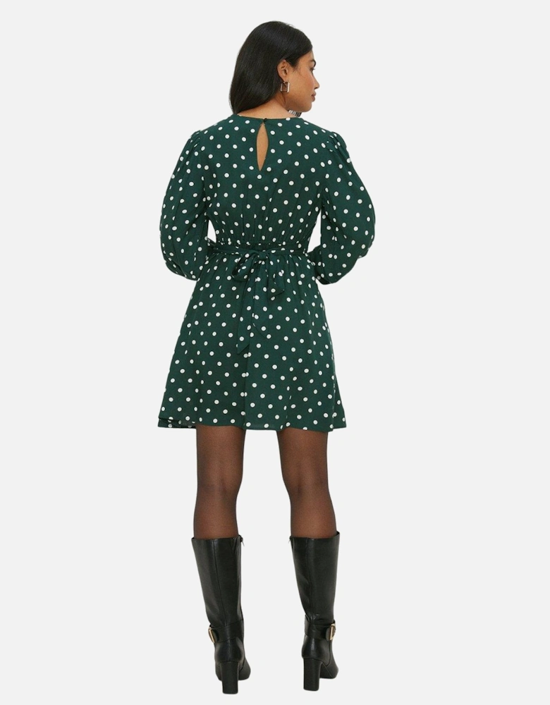 Womens/Ladies Spotted Shirred Cuff Mini Dress