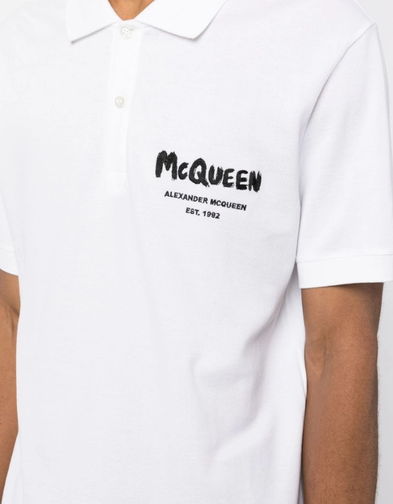 Graffiti Embroidered Logo Polo Shirt in White