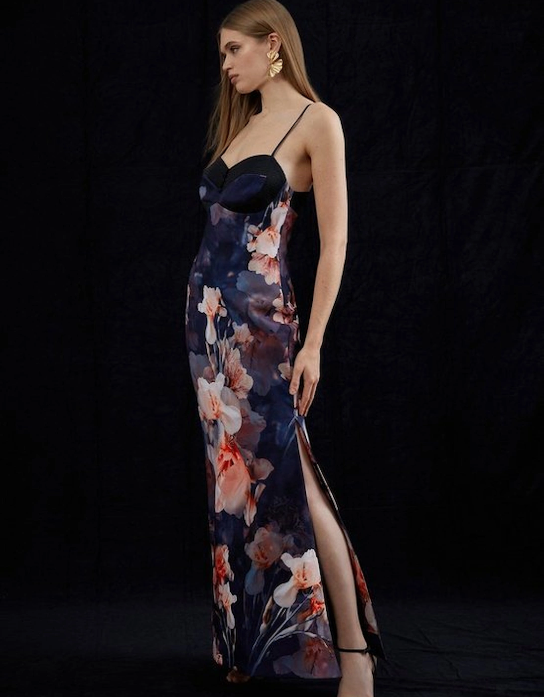 Petite Contrast Satin Floral Bustier Woven Midi Dress, 5 of 4