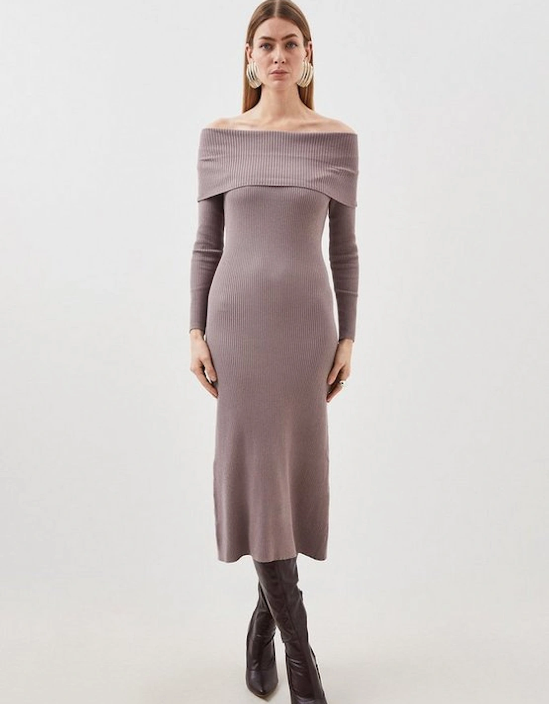Viscose Blend Bardot Knit Midi Dress, 5 of 4