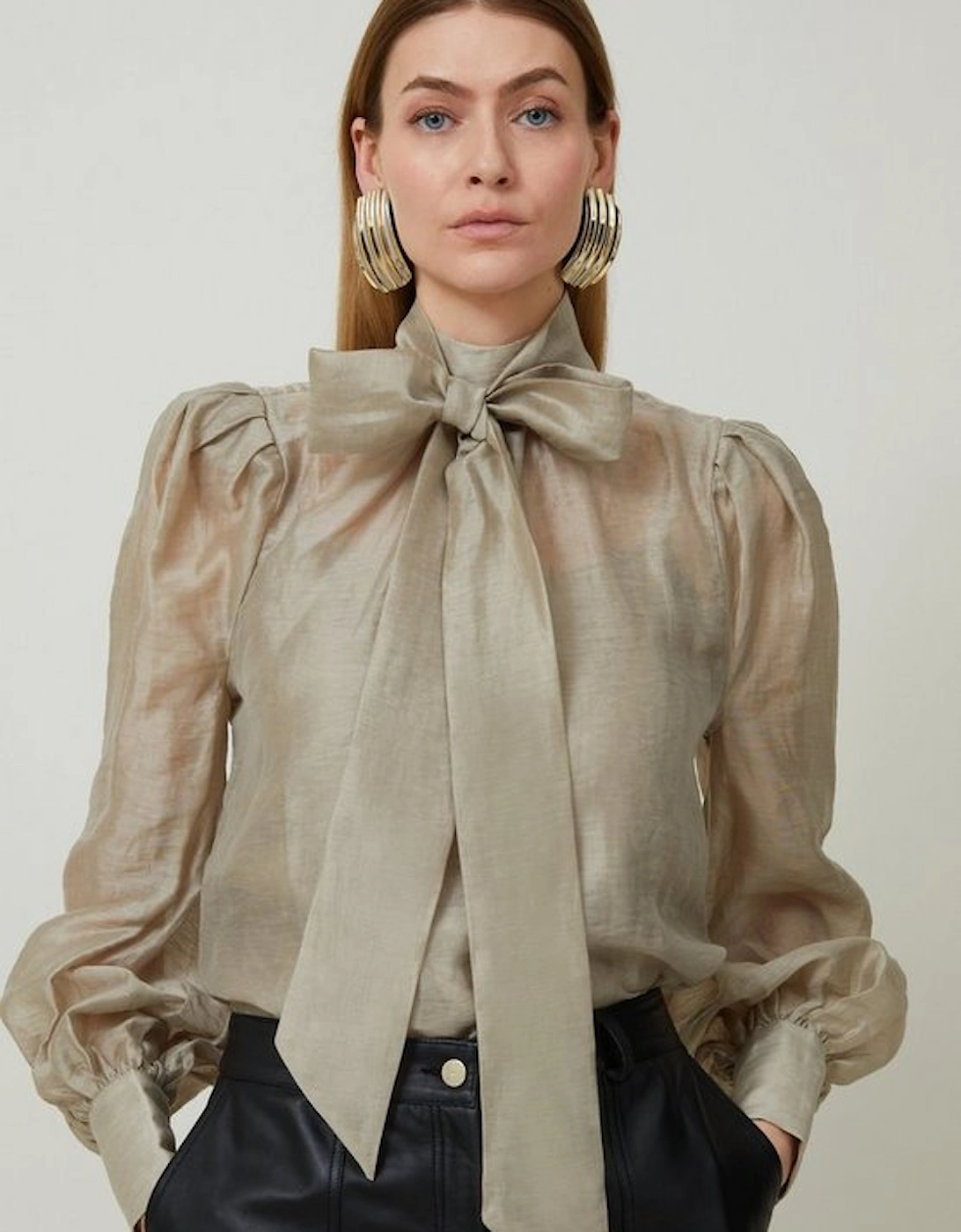 Linen Blend Organdie Woven Pussybow Blouse, 6 of 5