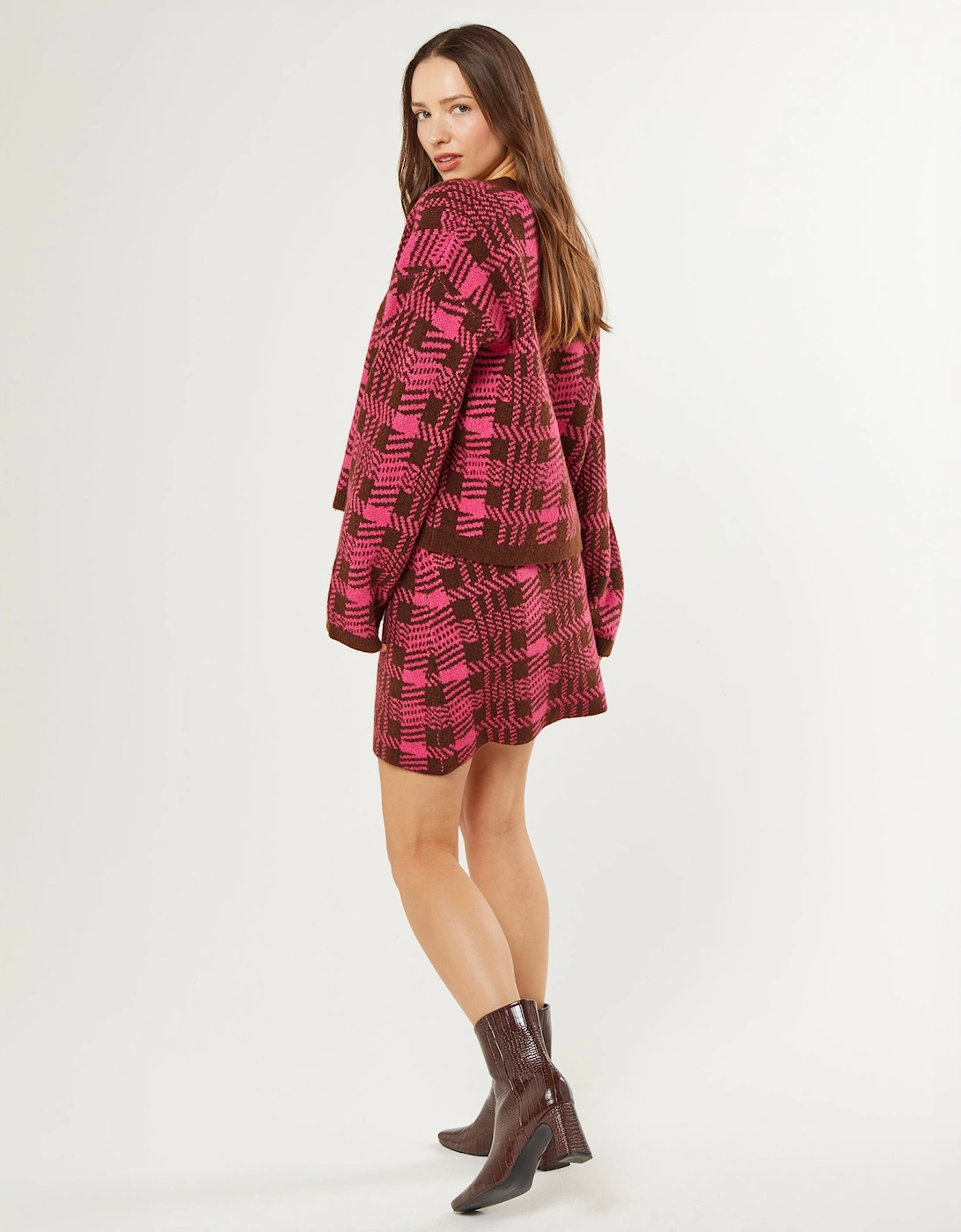 Emma Checked Knitted Skirt in Magenta and Brown