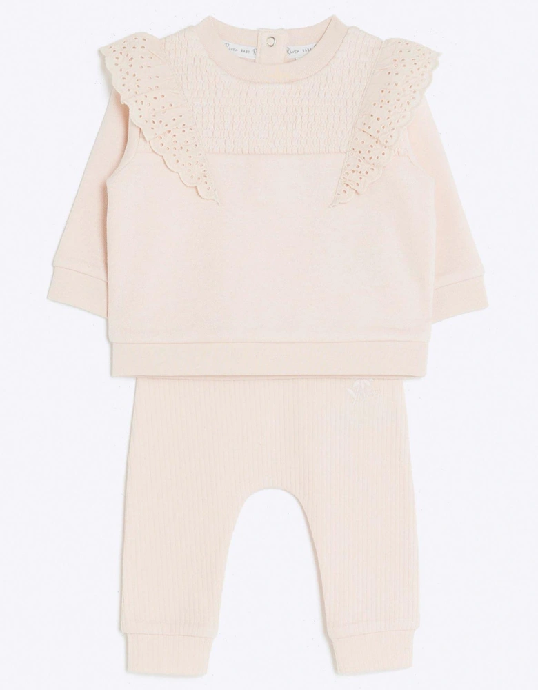 Baby Girls Broderie Sweatshirt Set - Pink