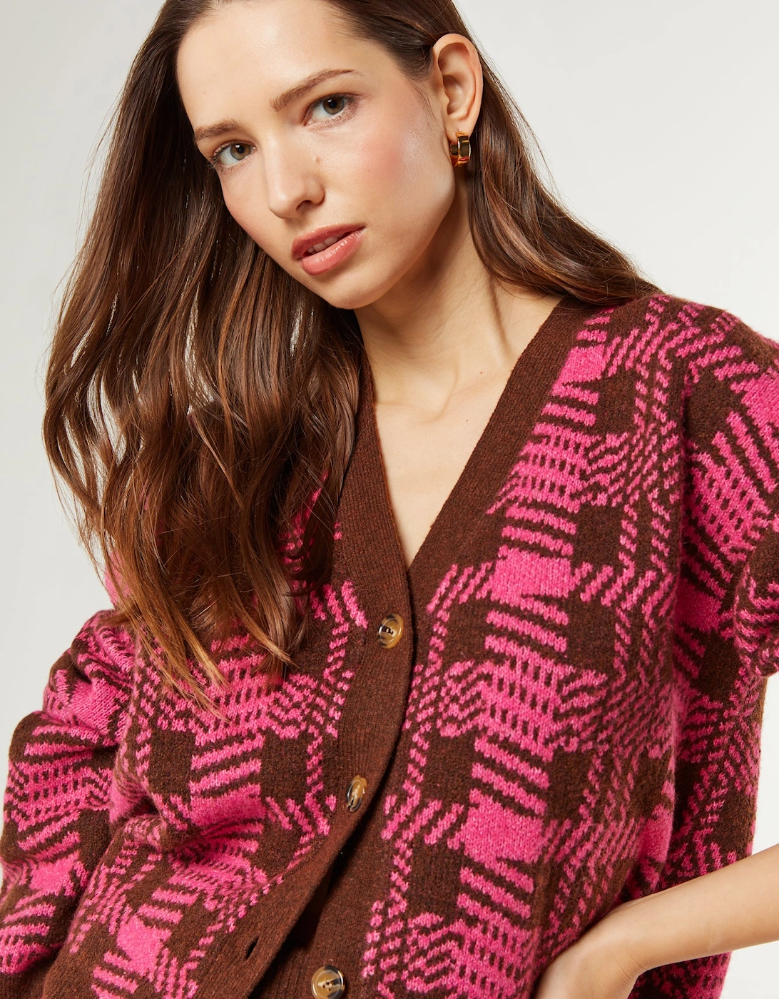 Francesca Check Cardigan in Magenta and Brown, 6 of 5