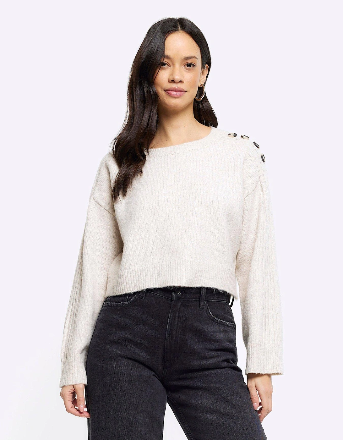 Cropped Button Jumper - Beige, 3 of 2