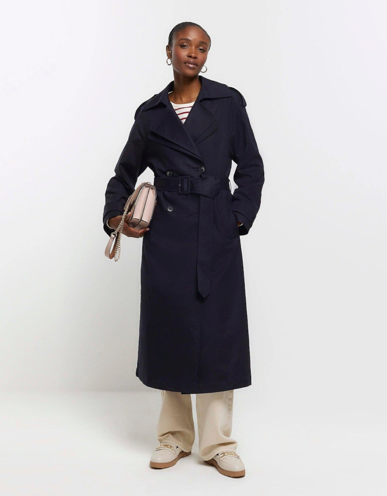 Double Collar Belted Trench - Navy