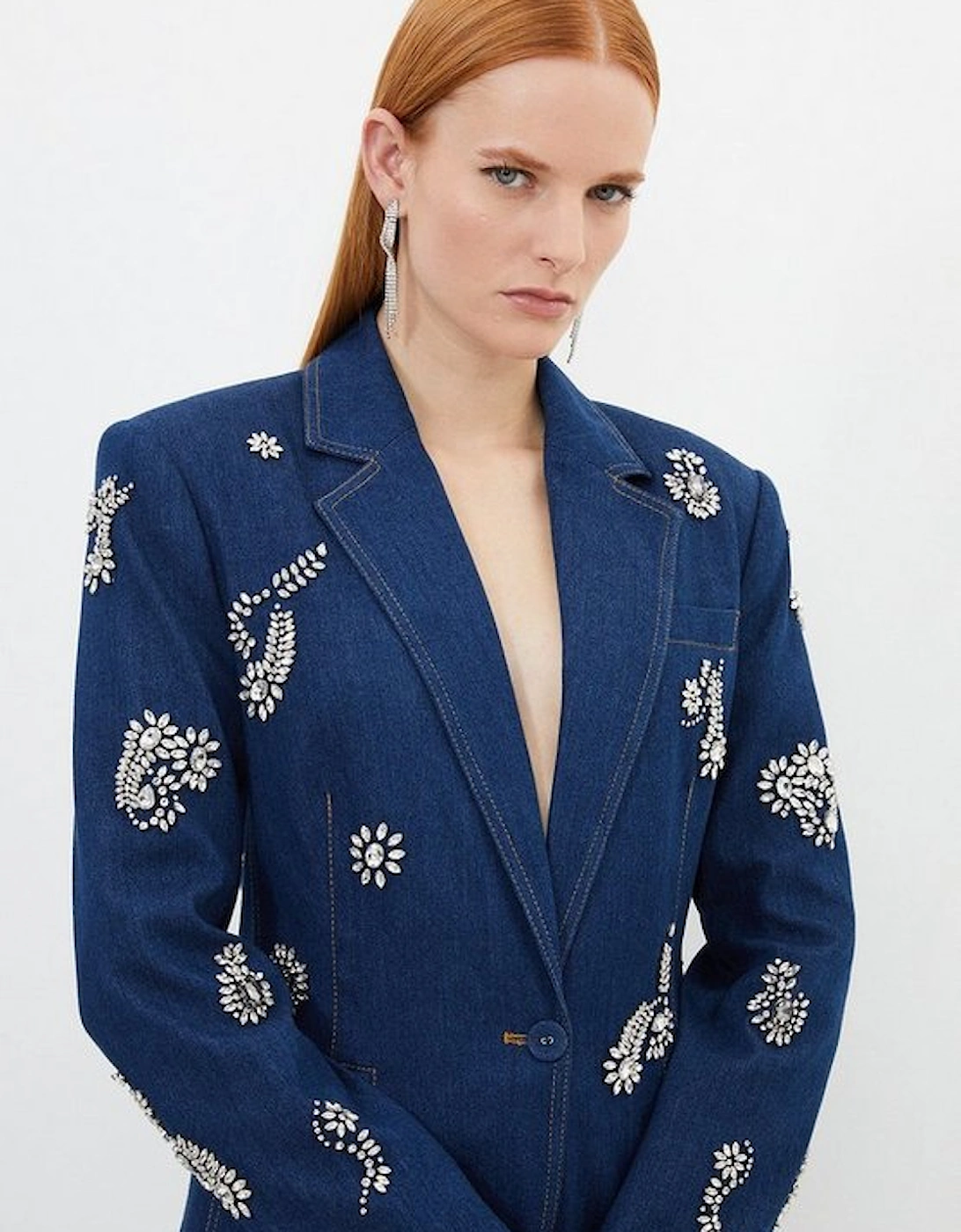 Embellished Denim Single Breasted Blazer