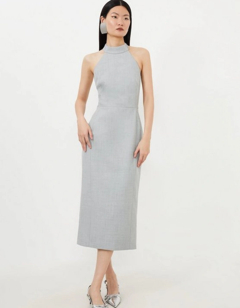 Petite Tailored Wool Blend Halter Neck Pencil Dress