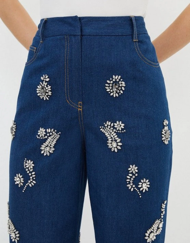 Embellished Mid Rise Straight Leg Denim Jeans