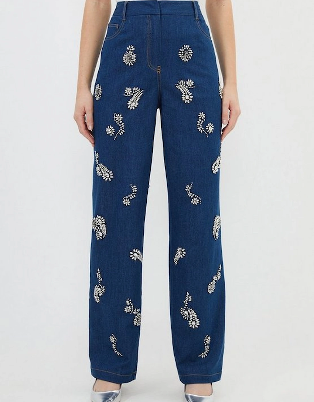 Embellished Mid Rise Straight Leg Denim Jeans